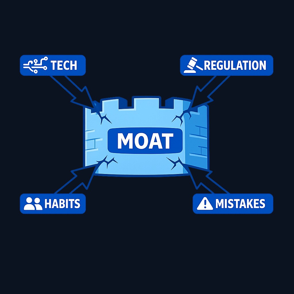 Economic moats require continuous monitoring. Technology shifts, regulatory changes, evolving consumer behavior, and management missteps can all weaken or destroy advantages that once seemed permanent. Annual re-evaluation of returns, competitive positioning, and market structure is essential for moat-based investors.