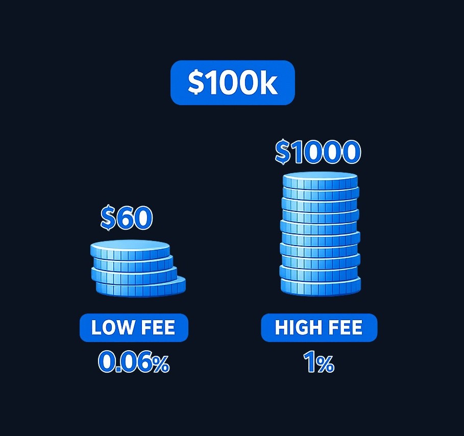 On a $100,000 portfolio, a 0.06% expense ratio costs $60 annually while a 1% ratio costs $1,000 — that $940 difference compounds every year, turning lost fees into lost growth.