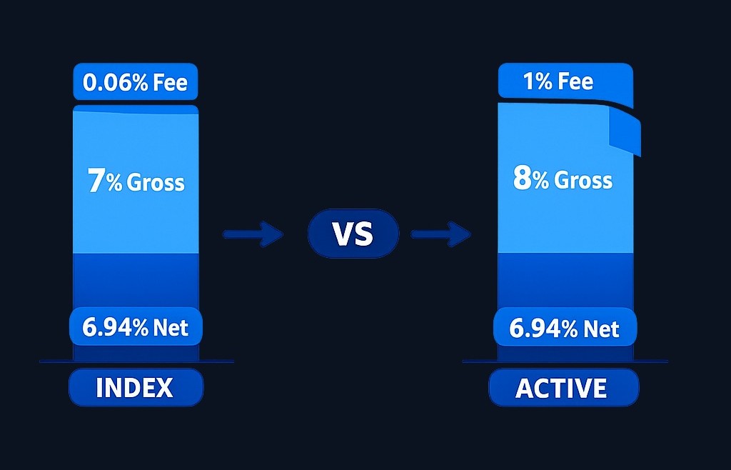 Both funds hold assets returning 7%. The index fund at 0.06% delivers 6.94%. The active fund at 1% must earn 8% gross just to match
