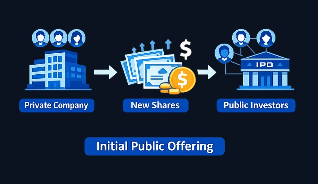 An IPO transforms private ownership into publicly traded shares. The company sells new stock, early holders gain liquidity, and anyone