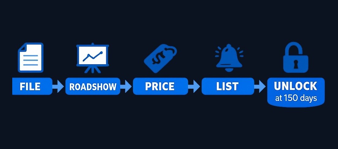 The IPO lifecycle unfolds over months: from filing to roadshow, pricing, listing day, and the eventual lock-up expiration when insider shares become tradable.