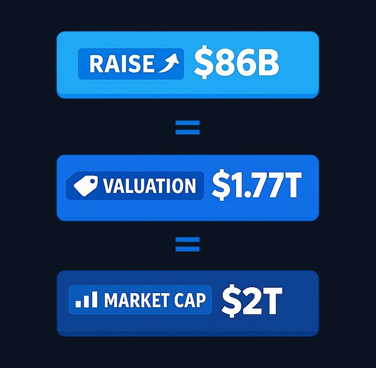Three distinct numbers describe an IPO, and news reports mix them constantly: the raise (cash received), the pricing valuation (offer price × all shares), and the market cap (trading price × all shares). Confusing them leads to wrong conclusions.