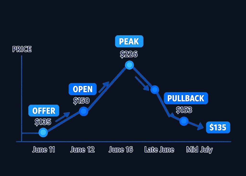 The SpaceX IPO trajectory from June to mid-July 2026: priced at $135, opened at $150, peaked at $225.64 four days later, then retraced to near $153 by month-end—a 38% drop from peak. Entry point determined everything.