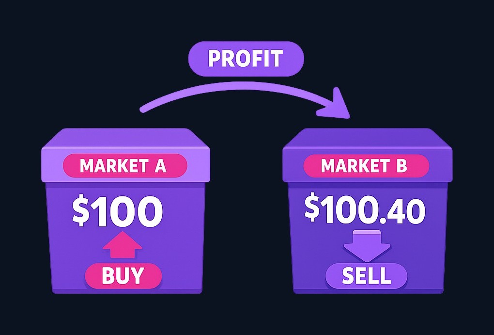 Arbitrage captures the spread between a lower buying price in one market and a higher selling price in another market.