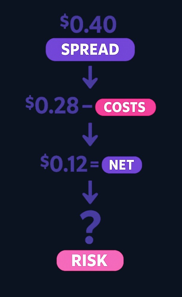 The visible $0.40 spread shrinks to $0.12 after accounting for $0.28 in execution costs. This net remainder is the true potential profit
