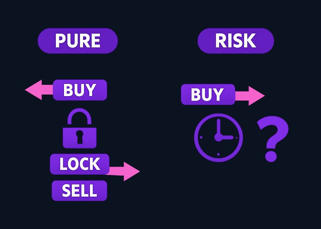 Pure arbitrage attempts simultaneous offsetting trades to lock in a spread, while risk arbitrage depends on uncertain future events like merger completion or statistical relationships holding.