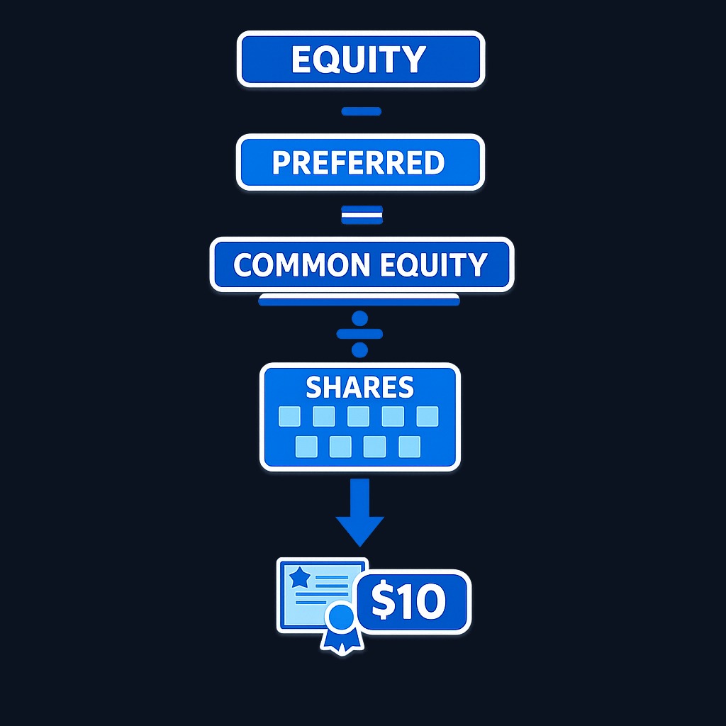Book value per share is calculated by taking total equity, subtracting preferred stock, and dividing by the number of common shares. This