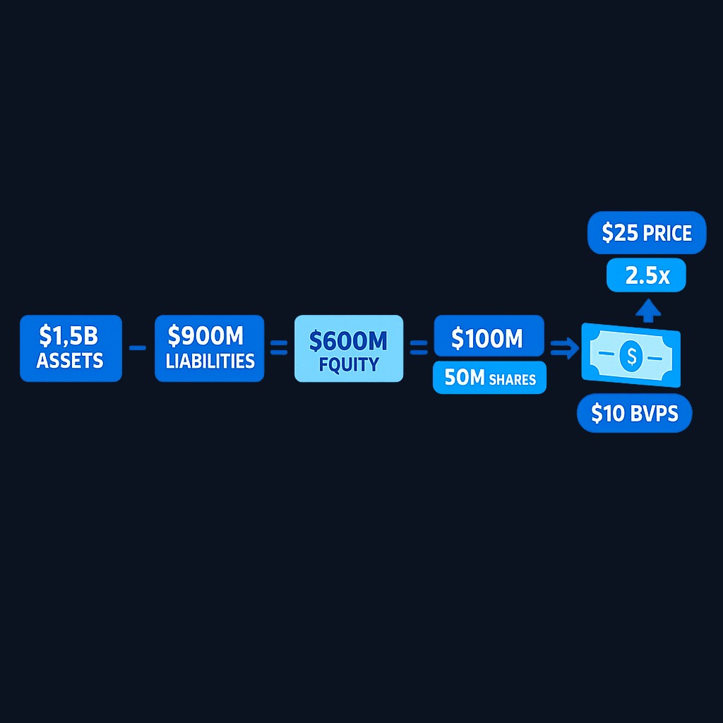 In this example, a company with $1.5B in assets and $900M in liabilities has $600M equity. After subtracting $100M preferred stock, the