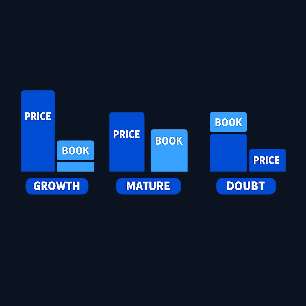 Three scenarios: when price is far above book value, the market expects strong growth or valuable intangibles. Near book value suggests