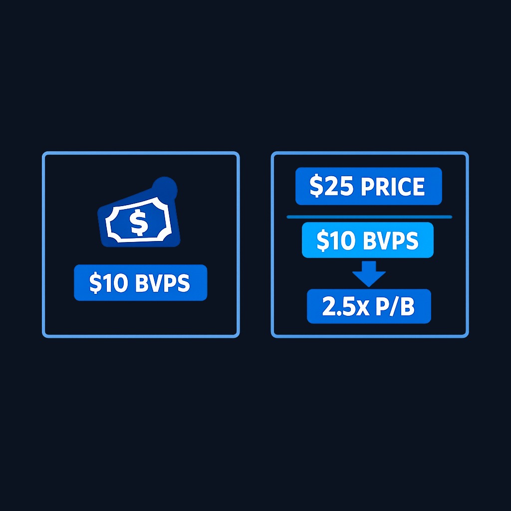 BVPS is a dollar value per share from the balance sheet (e.g., $10). Price-to-book takes the market price and divides it by BVPS to create a valuation ratio you can compare across companies (e.g., $25 ÷ $10 = 2.5×).