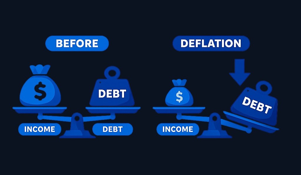 Fixed debts become harder to repay during deflation. While the dollar amount owed stays the same, falling prices and incomes mean a