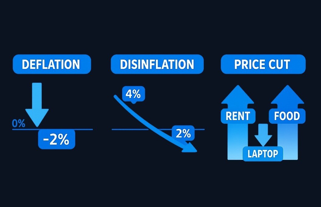 Three different price scenarios: deflation (overall prices fall), disinflation (prices still rise but more slowly), and an isolated price cut (one item drops while the overall level continues rising).
