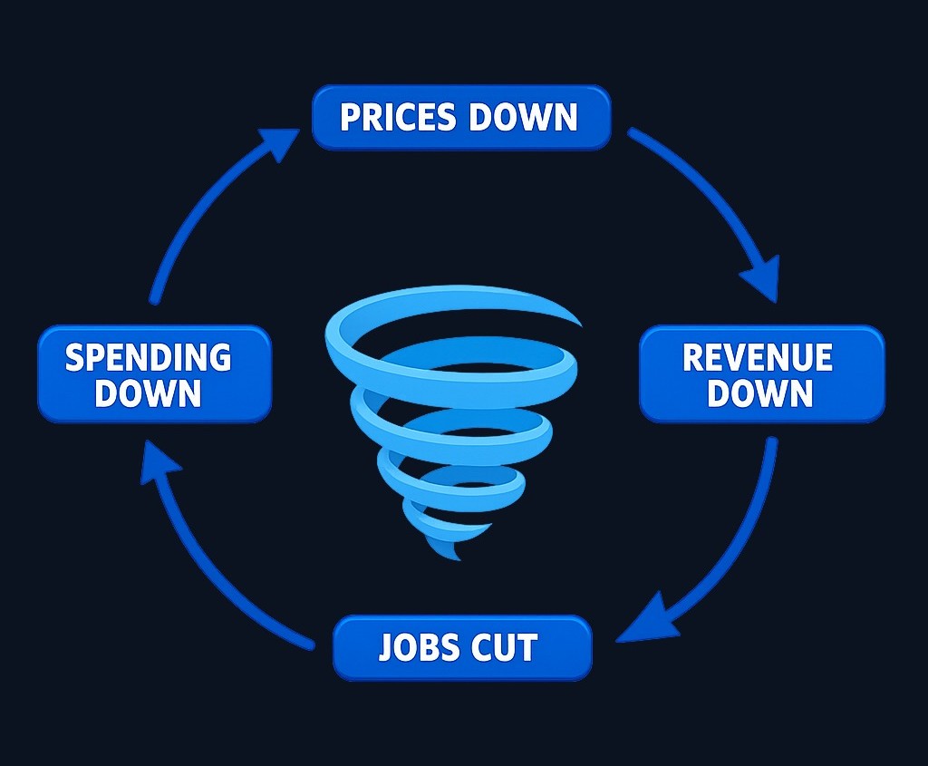 A deflationary spiral is a self-reinforcing loop: falling prices reduce business revenue, leading to cuts in production and jobs, which weakens income and spending further, causing prices to fall again.