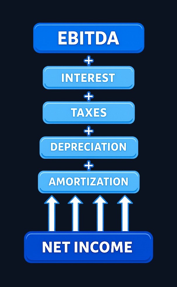The most common EBITDA calculation starts with net income from the income statement and adds back four specific categories. Each
