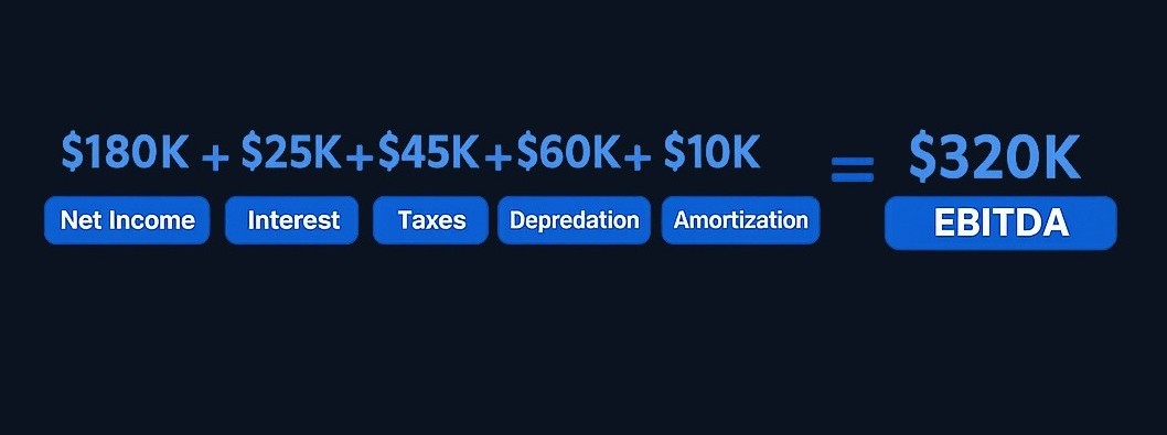 Following the formula, the retailer's $180,000 net income becomes $320,000 EBITDA after adding back the four categories. Notice this is