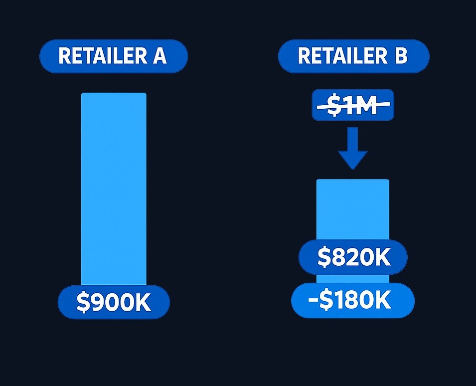 Before adjustment, Retailer B appears stronger with $1 million EBITDA versus Retailer A's $900,000. But after restoring a recurring $180,000 expense that B excluded, B's true comparable figure drops to $820,000—below A. This shows why understanding every