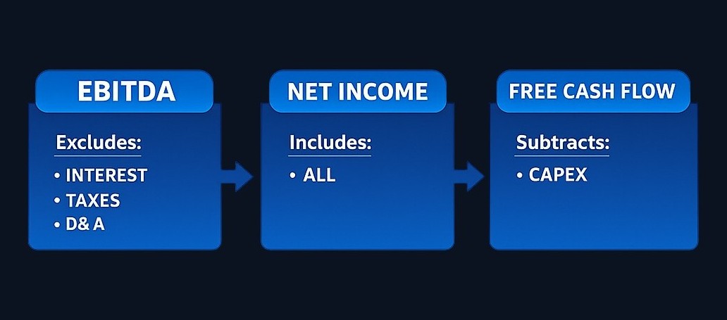 EBITDA focuses on operating earnings before financing and accounting charges. Net income includes all those items to show accounting