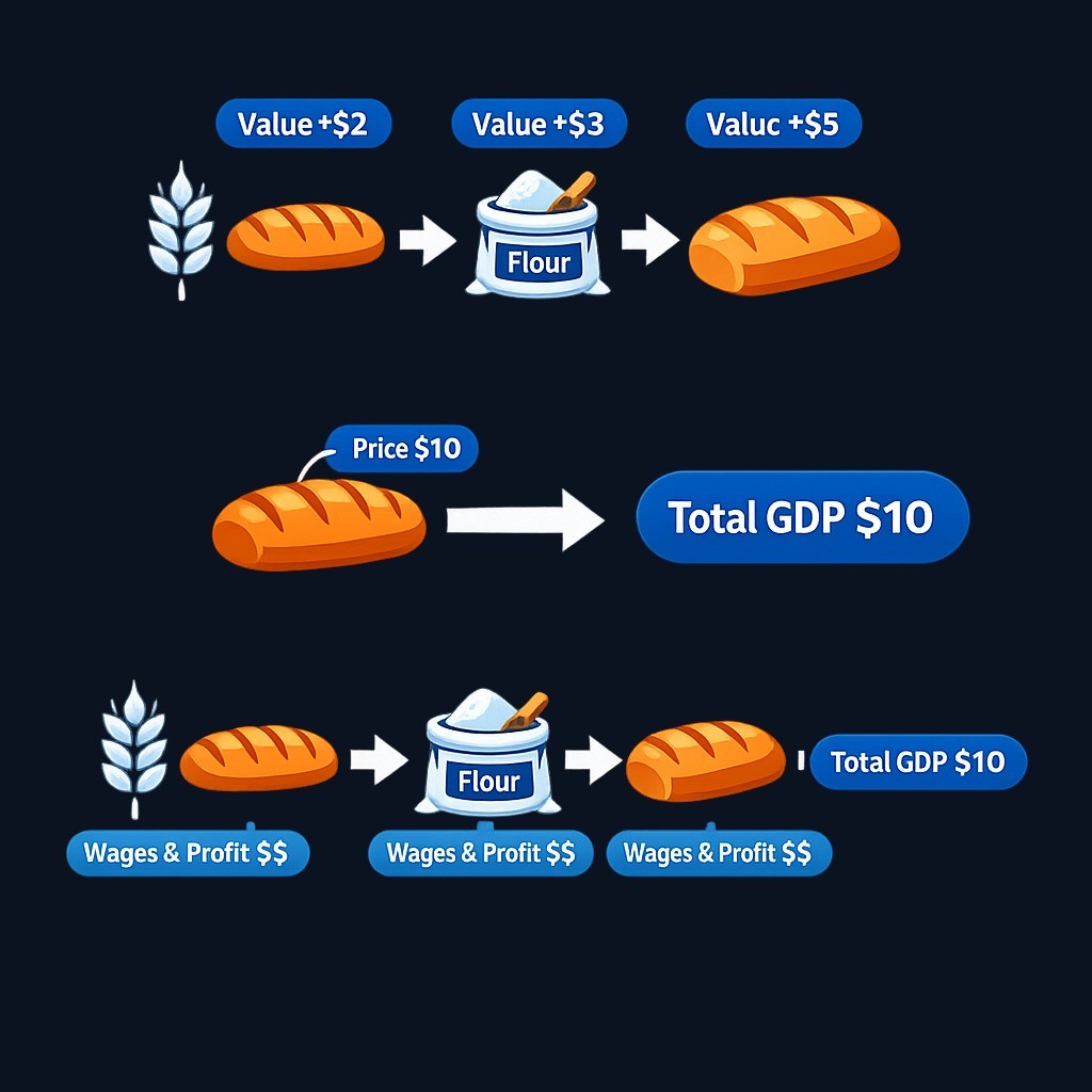 The bread example shows how production, expenditure, and income approaches track the same economic activity. The production