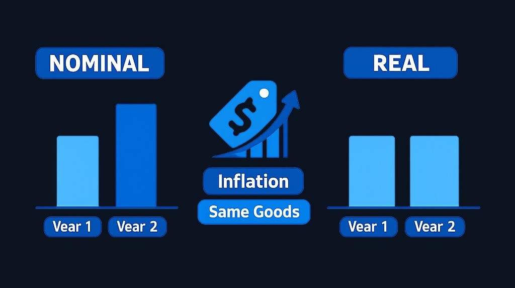 When prices rise but production stays flat, nominal GDP increases while real GDP remains unchanged. Real GDP removes the inflation