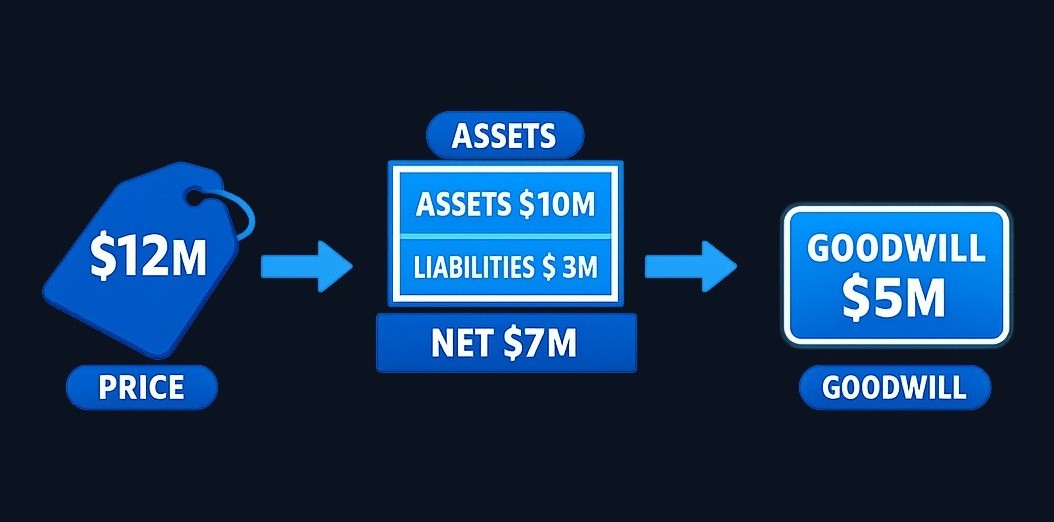 Goodwill appears only after the acquisition calculation: it's the unexplained premium above identifiable net assets, not a separate physical or contractual asset.