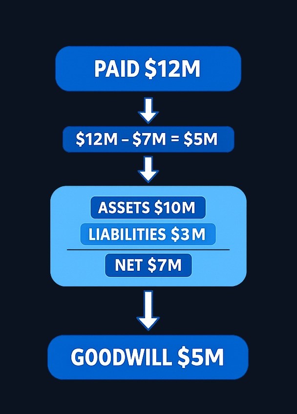 Example calculation: A buyer pays $12 million, acquires identifiable assets worth $10 million, assumes liabilities of $3 million. The $5