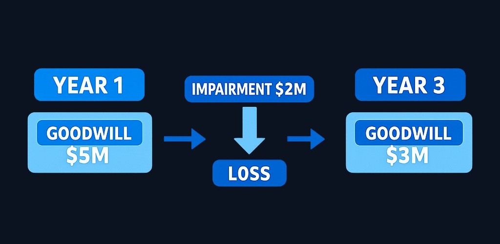 Impairment reduces the recorded goodwill balance when the acquired business no longer supports the original premium. The charge