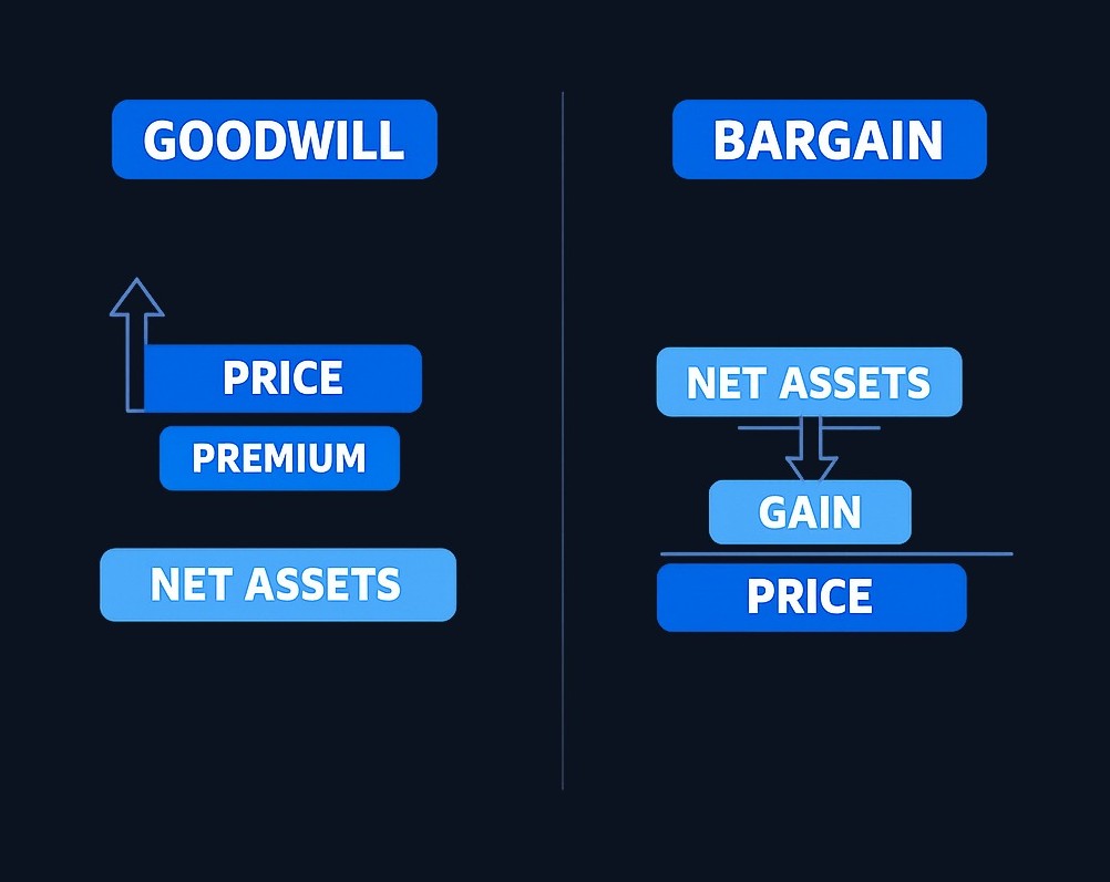 Goodwill and bargain purchases represent opposite outcomes. Goodwill arises when purchase price exceeds net assets; a bargain