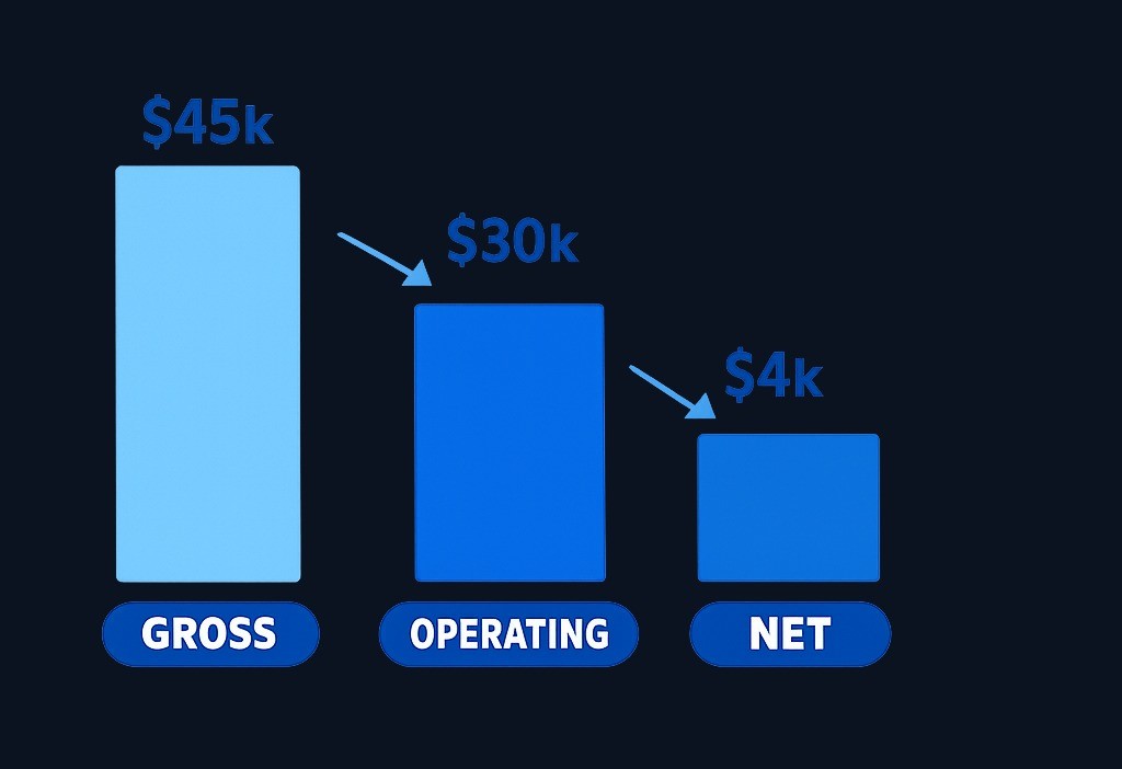 The waterfall from gross profit to net profit shows how operating expenses and other costs consume what remains after direct costs. A