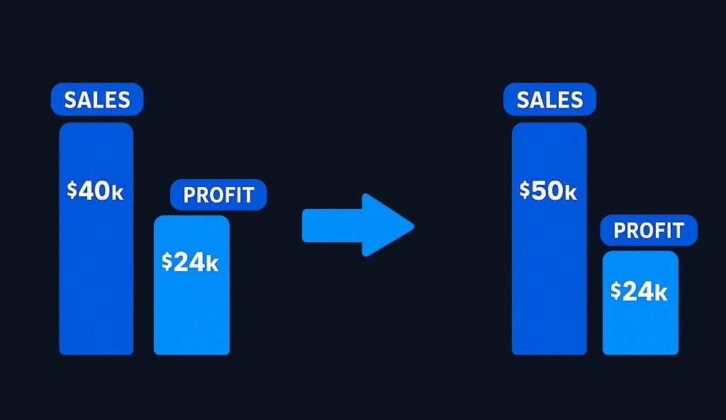 In this café scenario, revenue climbed from $40,000 to $50,000, yet gross profit stayed flat at $24,000. This signals that the extra sales brought lower margins—possibly from discounting, waste, or a shift to lower-margin items—and requires investigation before celebrating the revenue growth.