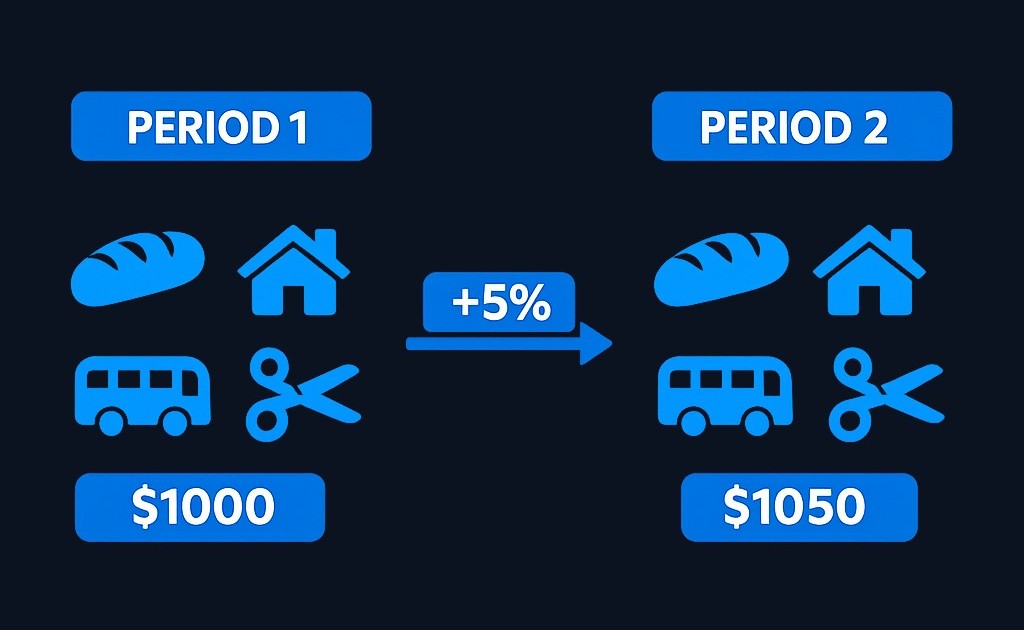 A price index tracks a fixed basket of goods and services. If the total cost rises from $1,000 to $1,050 over a year, the index shows a 5%