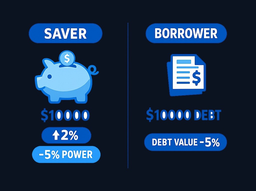 Inflation affects savers and borrowers differently. A saver with $10,000 at 2% interest sees the balance grow to $10,200, but if inflation is