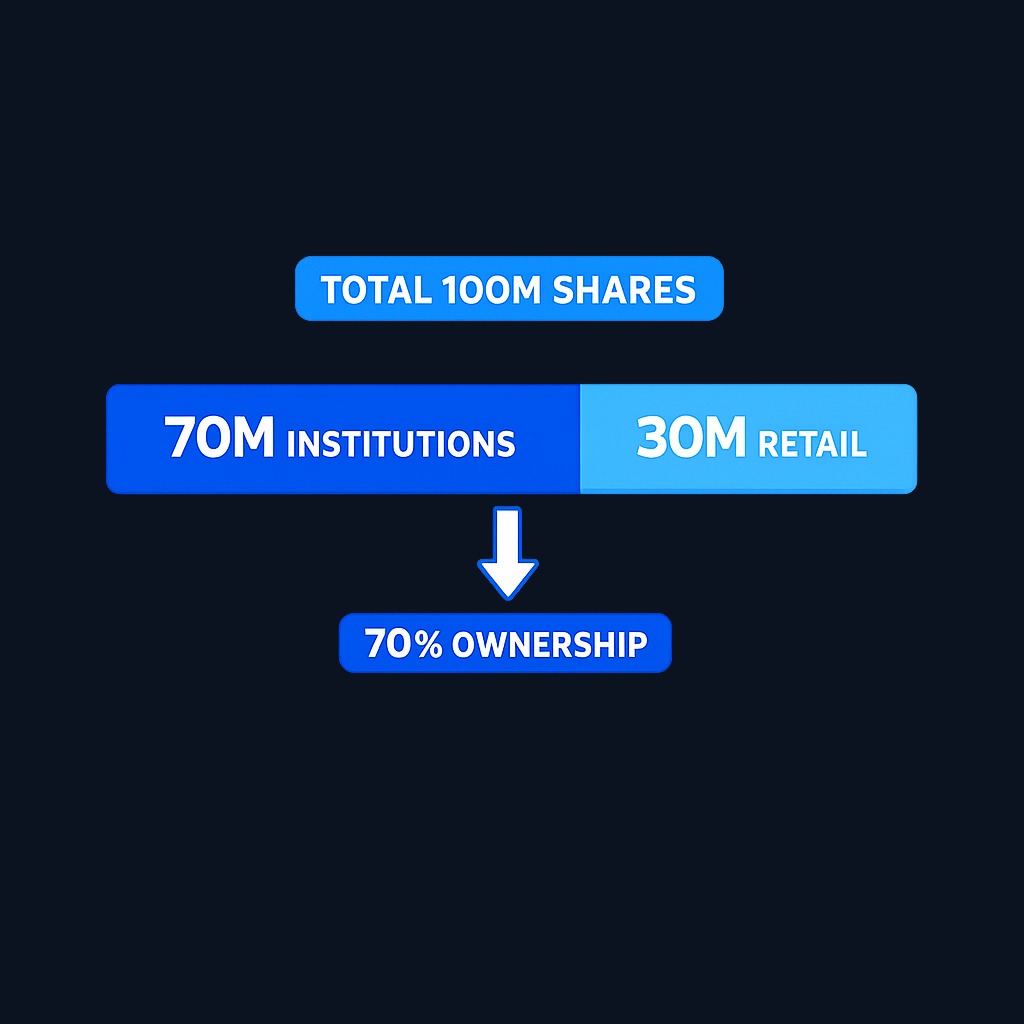 Institutional ownership is simply the fraction of all shares held by large professional investors rather than individuals. If institutions own 70