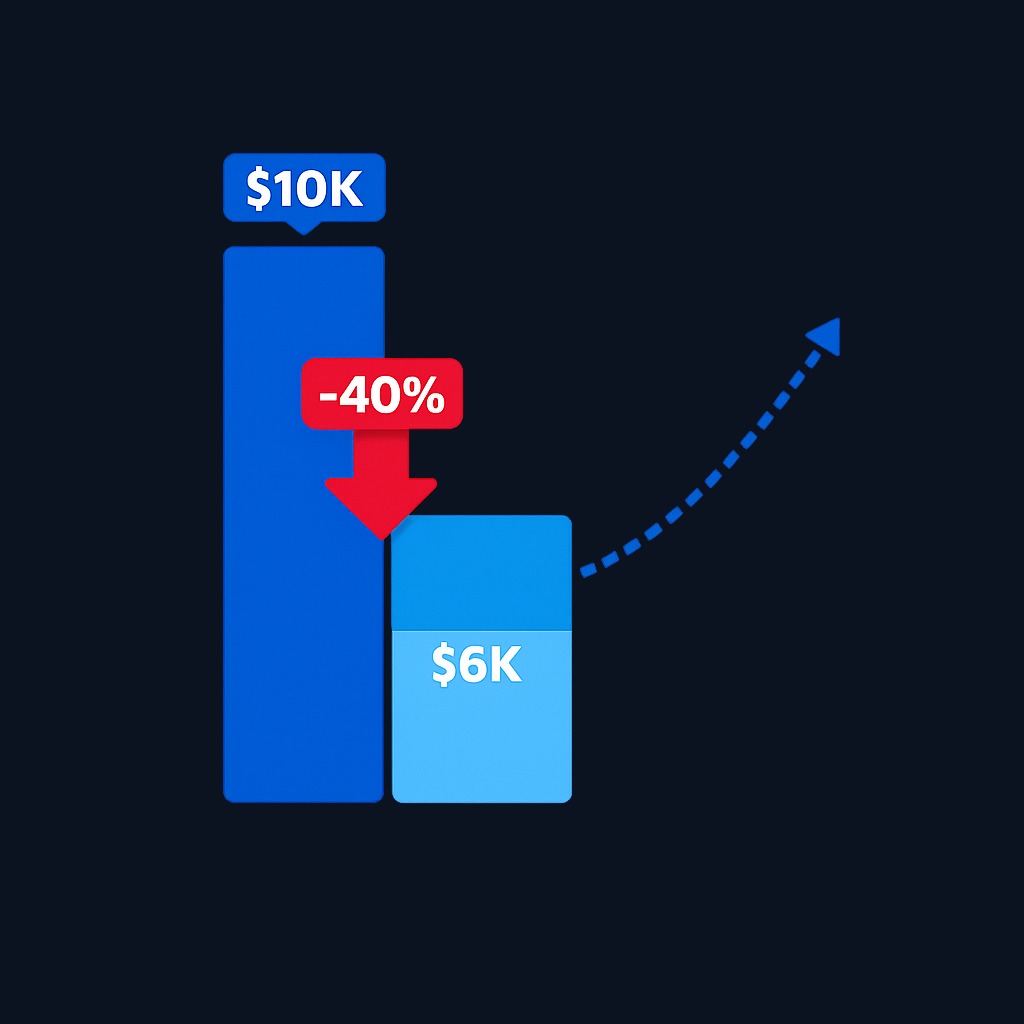 Maximum drawdown measures the largest percentage decline from a portfolio's highest point to its lowest point before recovery. A drop from $10,000 to $6,000 represents a 40% drawdown, regardless of whether the portfolio later recovers.