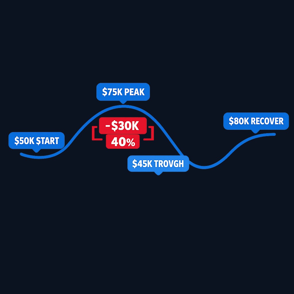 Step-by-step calculation: Portfolio climbs from $50,000 to a peak of $75,000, falls to a trough of $45,000, then recovers to $80,000. The maximum drawdown is calculated as ($45,000 − $75,000) / $75,000 = −40%. The final recovery does not change the drawdown figure.