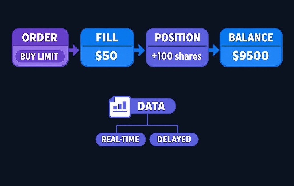 The paper trading loop: you place an order, the platform records it as a position, and your balance changes as prices move. Real-time