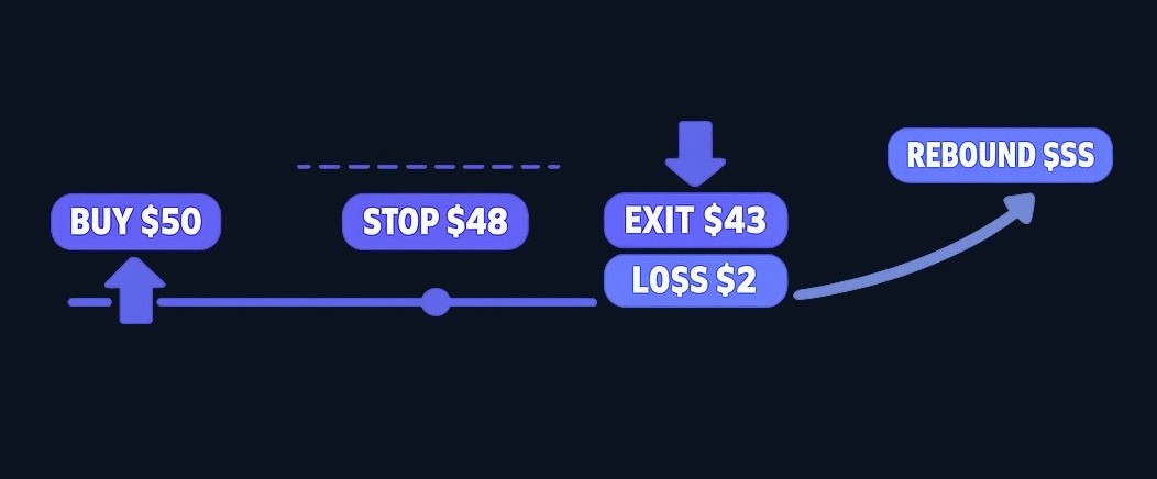 Example: You buy at $50, set a stop-loss at $48. Price drops to $48, stop triggers, position closes with a $2 loss. Later price rebounds to