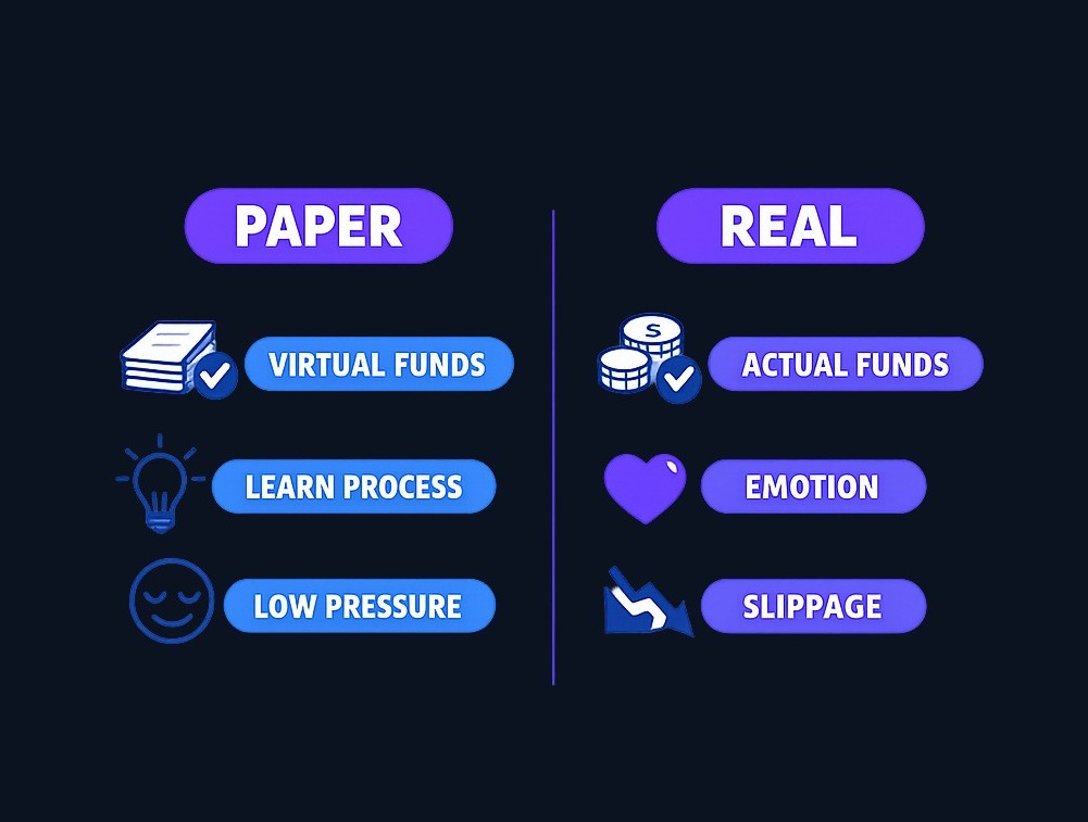 Paper trading teaches the process: order types, chart reading, position sizing, journaling habits. Real trading adds what only appears