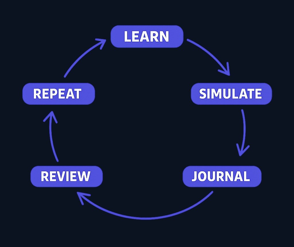The practice loop that turns a simulator into a teacher: learn a concept, simulate it with a paper trade, journal your reasoning before the outcome, review the decision afterward, then repeat with the next concept. This cycle builds skill, not just clicks.