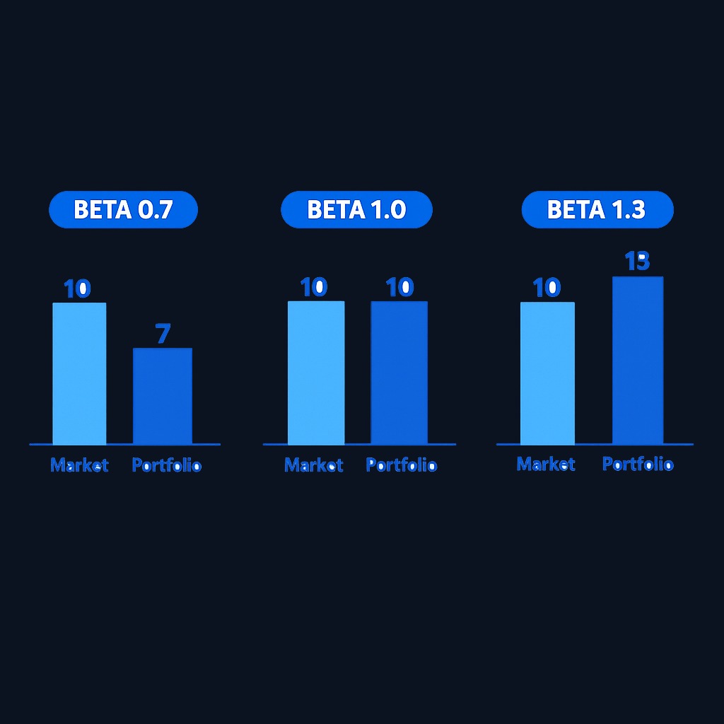 How different beta values affect portfolio movement: a beta of 0.7 dampens swings, 1.0 matches the market, and 1.3 amplifies both gains and losses.