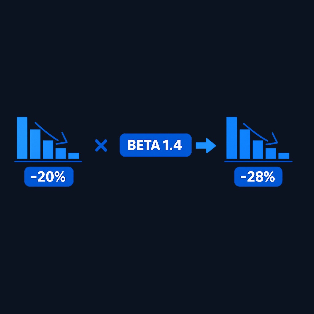 Stress test example: with a portfolio beta of 1.4, a 20% market decline implies roughly a 28% portfolio decline (1.4 × 20% = 28%). This quick