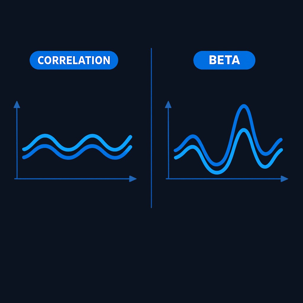 Beta versus correlation: correlation tells you how reliably two assets move together (direction), while beta tells you both direction and the size of the moves relative to the market. Two assets can have the same high correlation but very different betas.