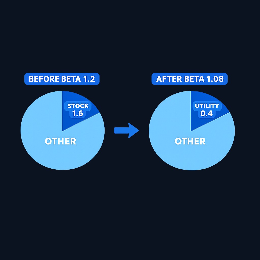 Adjusting portfolio beta: moving 10% from a high-beta stock (1.6) to a low-beta utility (0.4) lowers portfolio beta by 0.12. The change is predictable because portfolio beta is simply a weighted average.