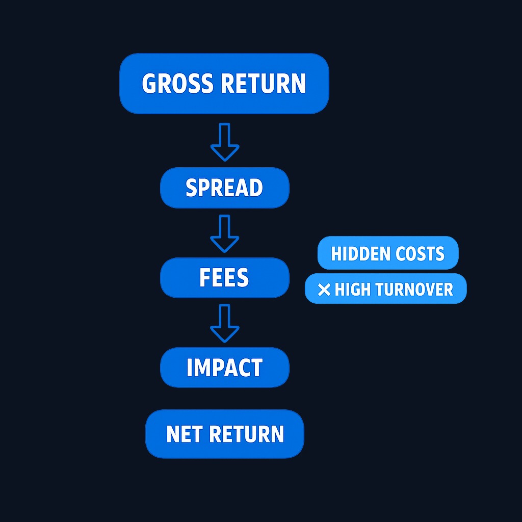 Trading costs reduce returns before they reach investors. Each trade incurs bid-ask spreads, commissions, and market impact—invisible