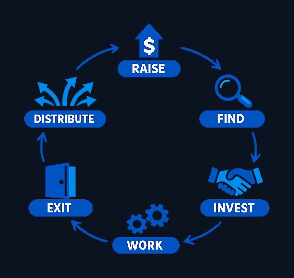 The private equity investment cycle: Firms raise committed capital from investors, identify and evaluate target companies, invest by acquiring an ownership stake, work actively with management to improve operations, exit through a sale or other liquidity event, and finally distribute proceeds back to investors.