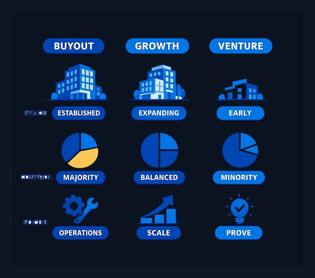 Private equity strategies differ by company maturity and investment approach. Traditional buyouts target established businesses with