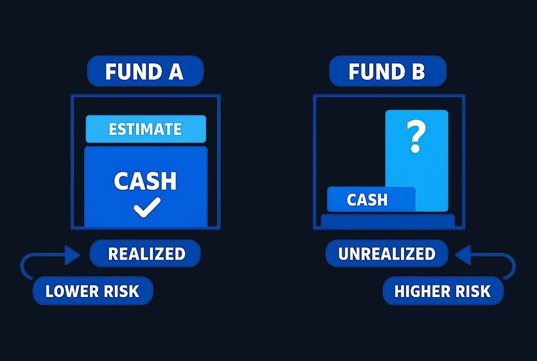 Two funds may show similar total value, but their risk profiles differ significantly. Fund A has returned most value as cash from completed