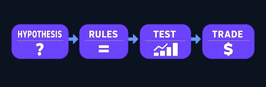 Quantitative trading workflow: a trader develops a hypothesis, translates it into measurable rules, tests it on historical data, and uses the model to identify trades. The process replaces emotion with explicit, testable conditions.