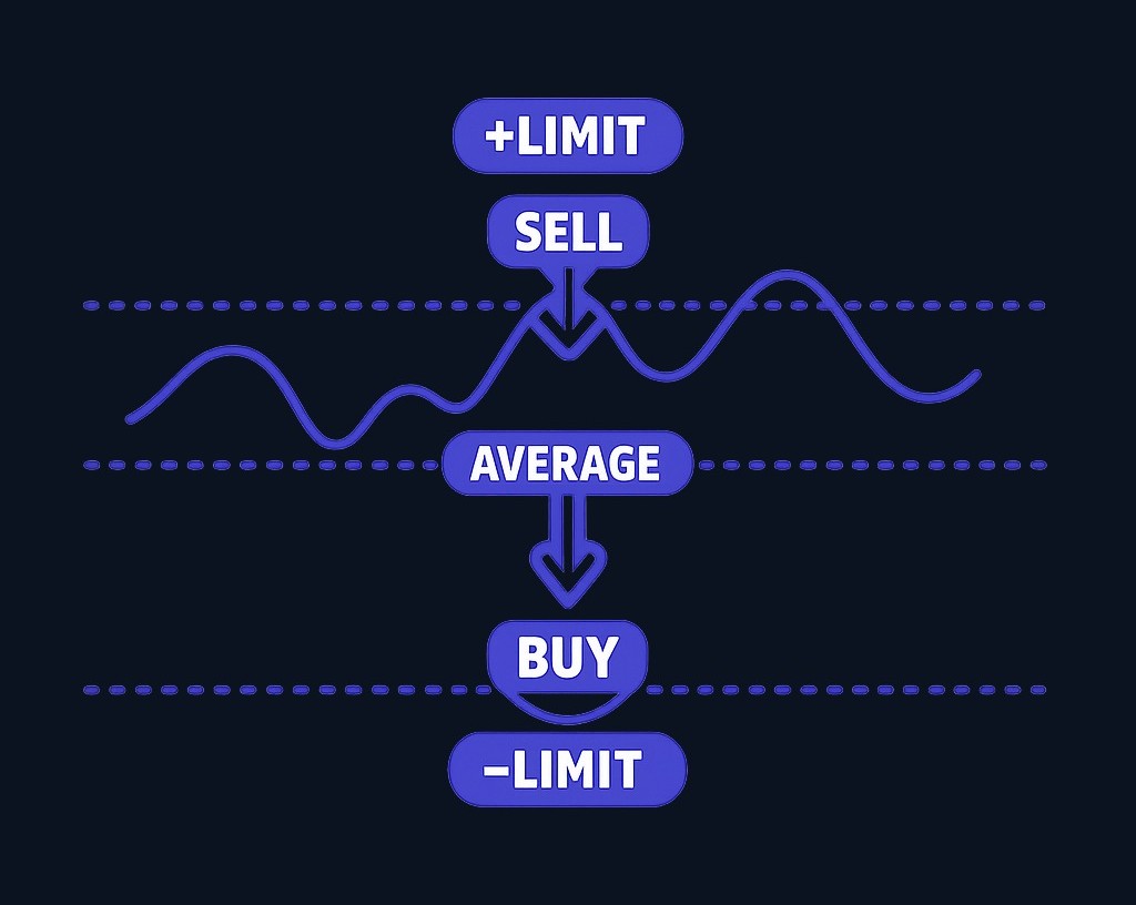 Simplified mean-reversion logic. The model calculates a moving average, measures current price deviation, and generates a signal when