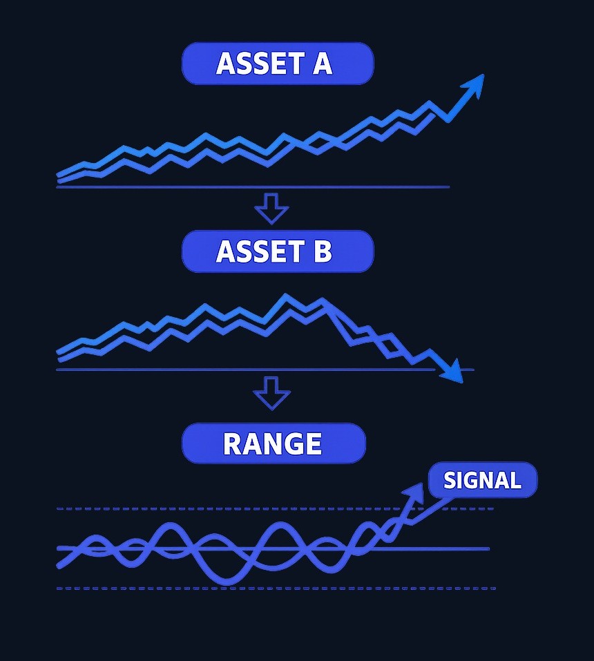 A pairs trading setup monitors two historically correlated instruments. When their price relationship widens beyond a normal range, the