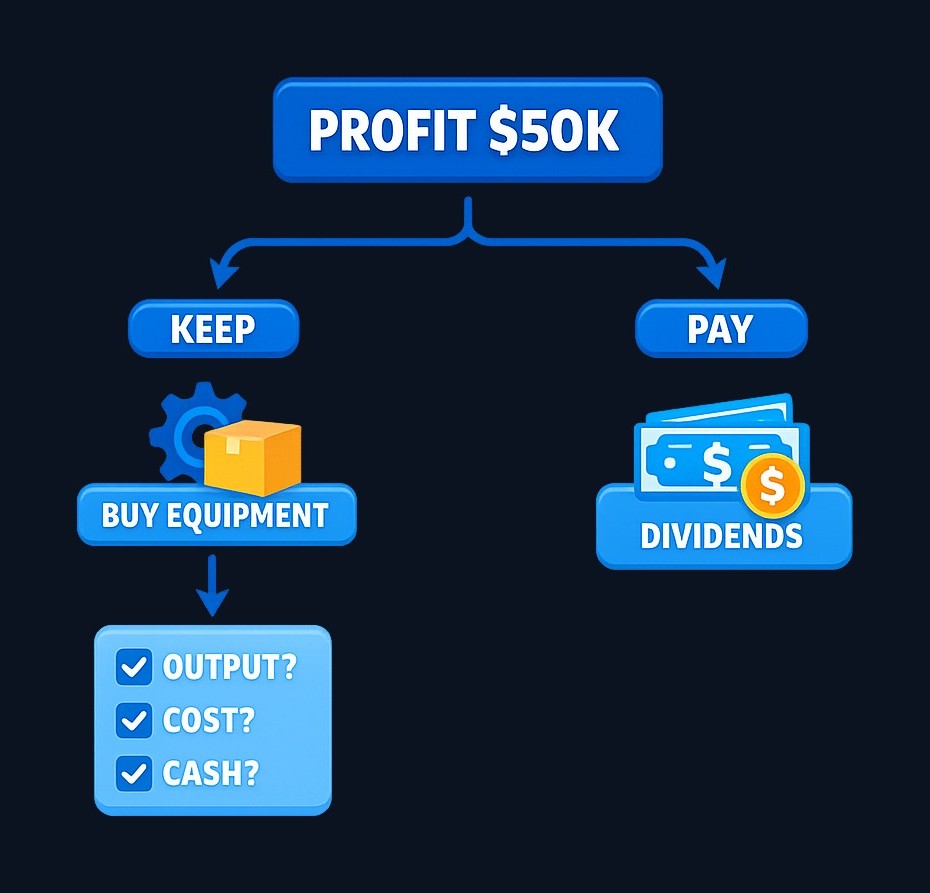 Retaining earnings to buy equipment does not automatically create value. Investors should examine whether the investment improved